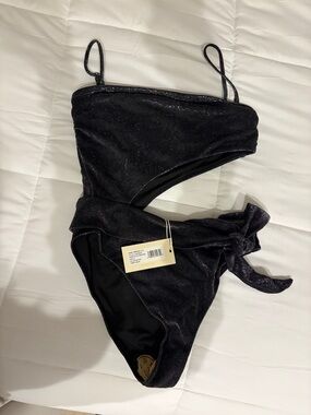 Ramy Brook Shimmery Black One-Shoulder Cutout Swimsuit with Side Tie